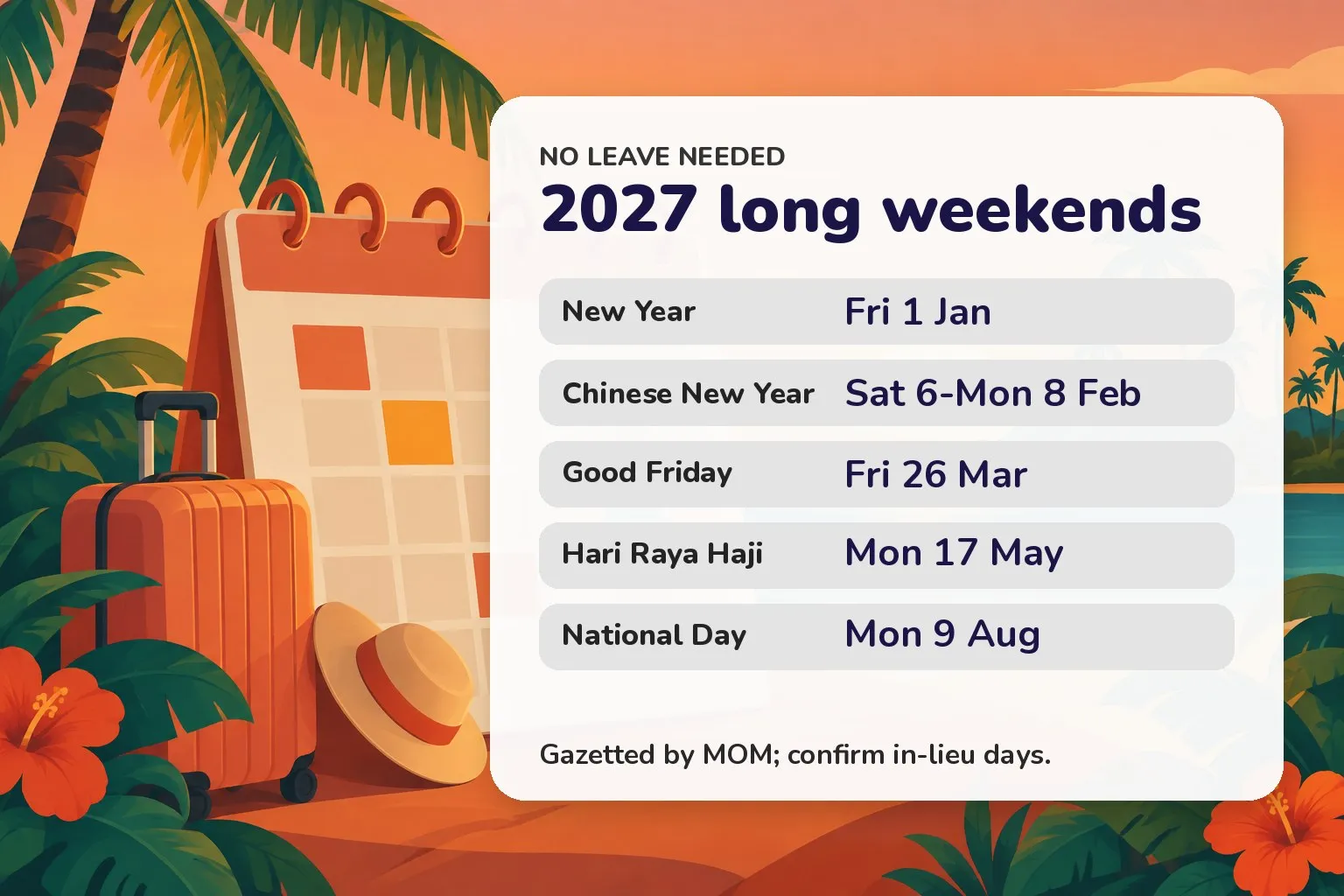 Card listing Singapore’s five 2027 no-leave long weekends and their dates