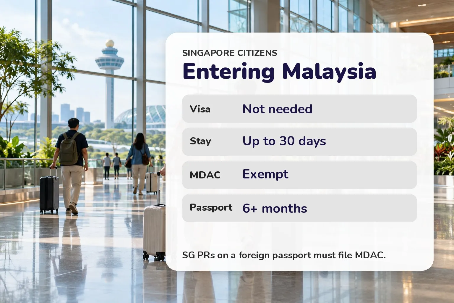 Card showing visa, stay, MDAC and passport requirements for Singapore citizens entering Malaysia