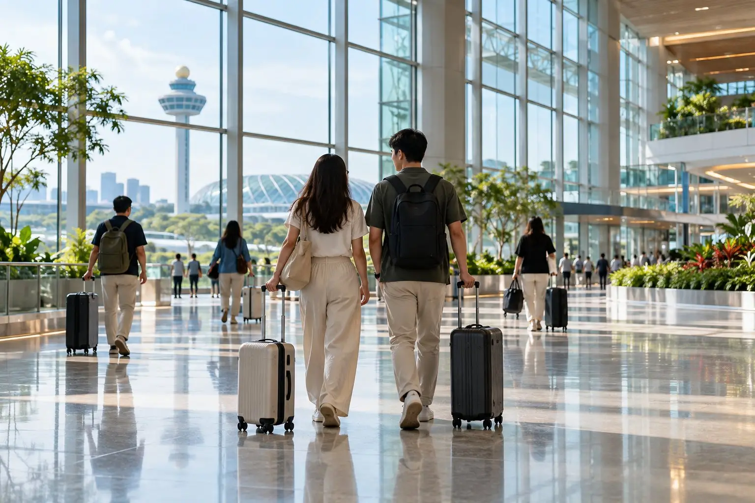 Travellers with luggage walking through a bright airport arrival hall