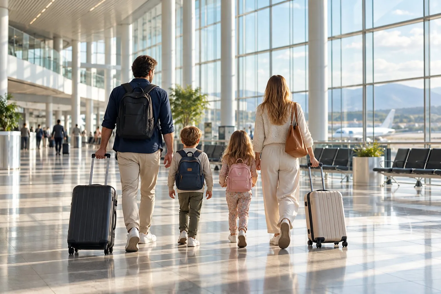 A family with cabin luggage walking through a bright, airy airport departure hall with large windows