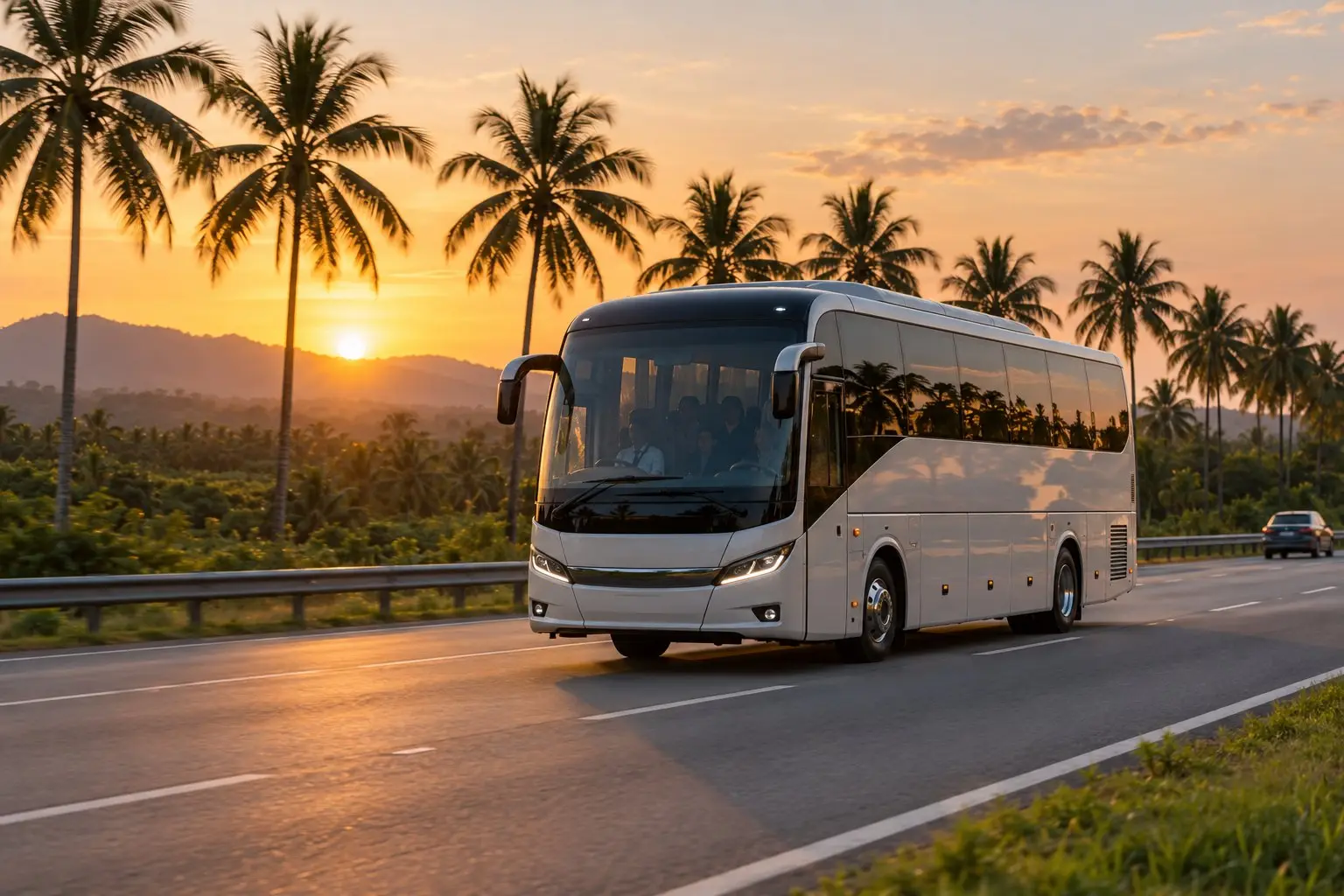 A cross-border coach on a palm-lined highway at golden hour