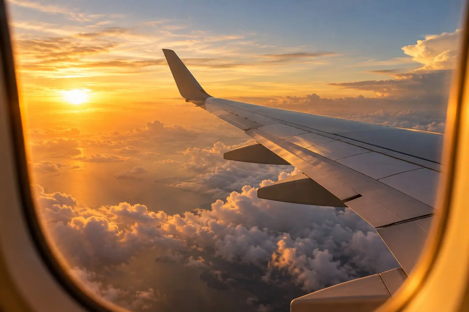A jet wing above clouds at golden hour seen from a cabin window