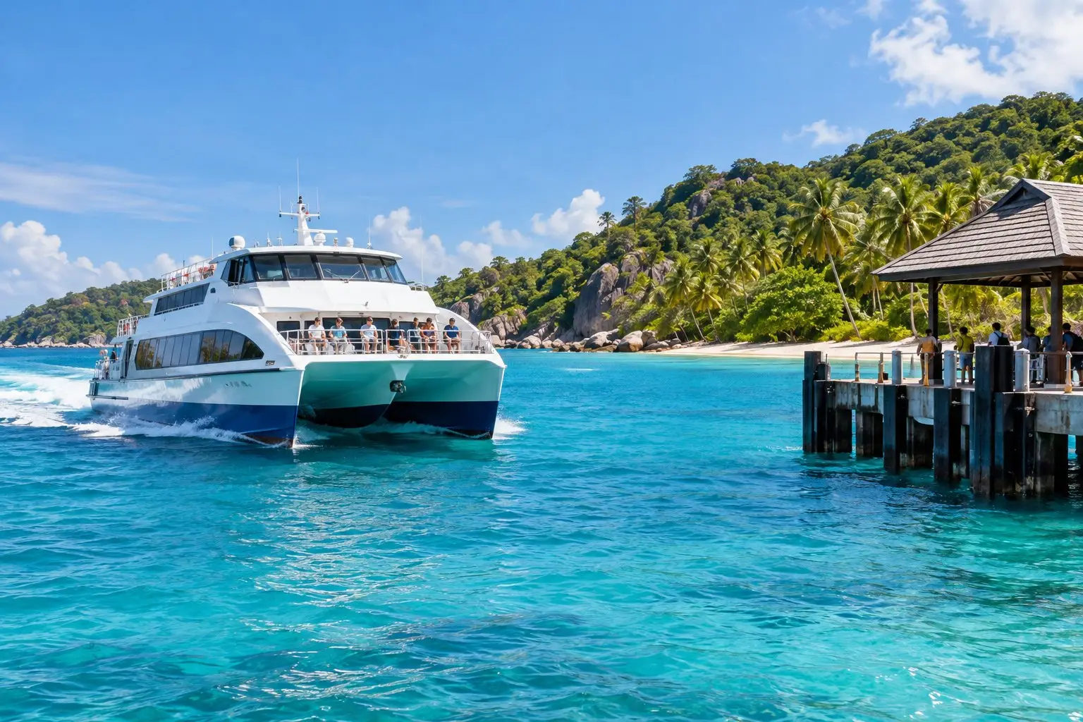A catamaran ferry approaching a palm-fringed tropical island jetty