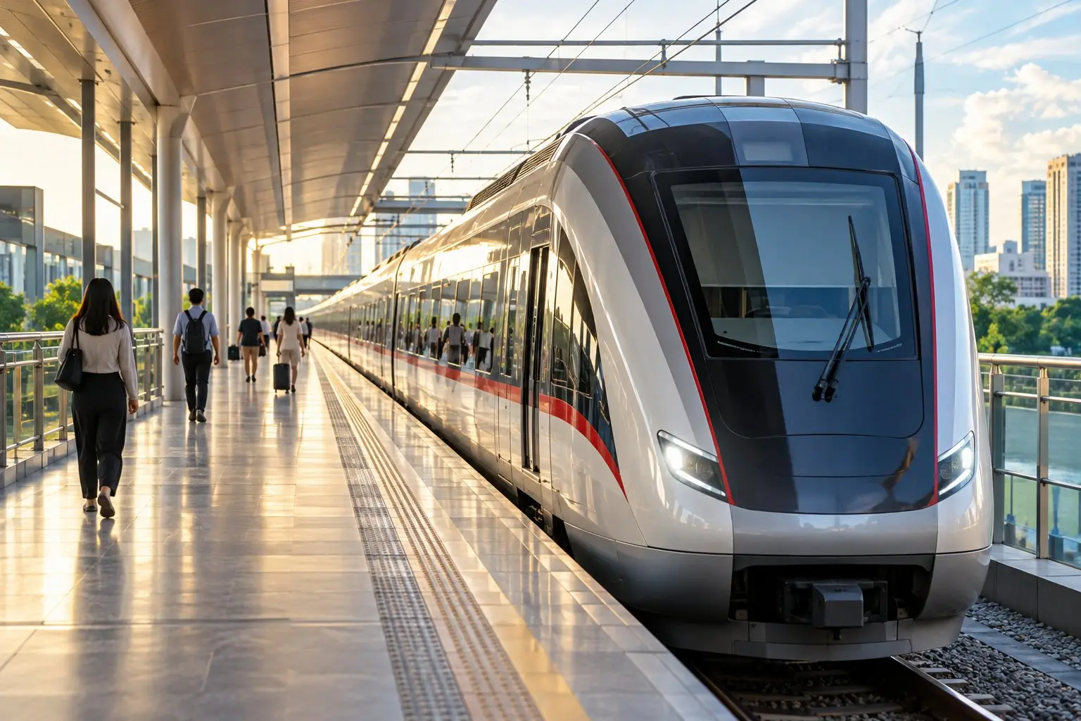 A modern intercity train at a clean station platform