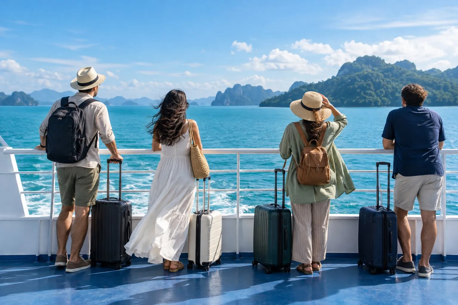 Travellers with small suitcases standing on the open deck of a passenger ferry looking out over calm sea