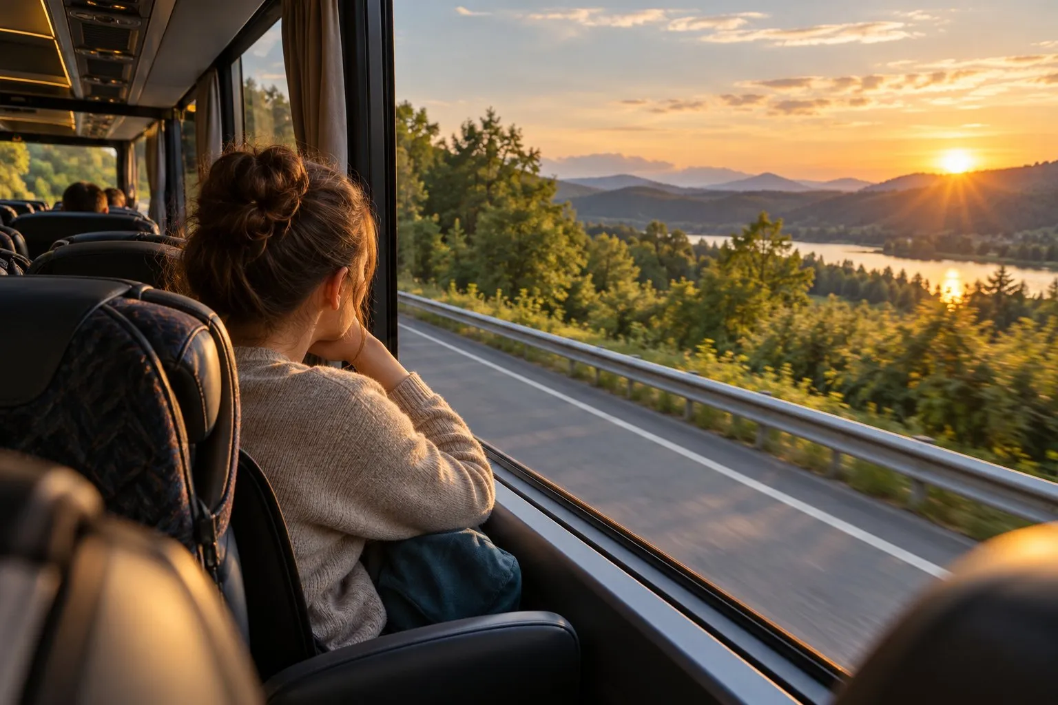 A view from inside a coach travelling along a tree-lined highway, with a traveller looking out of the window